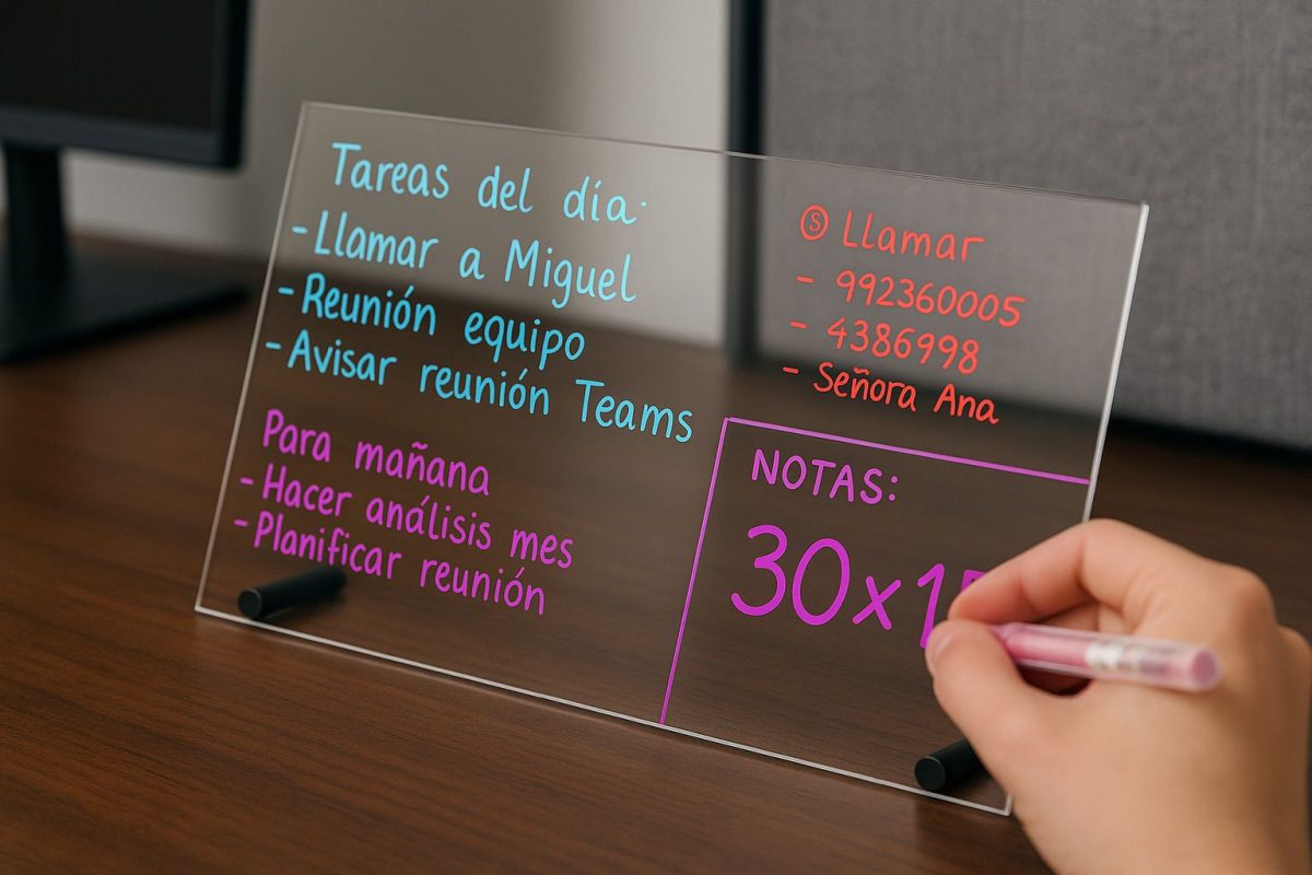 A clear acrylic board with colorful handwritten notes, including daily tasks, contact numbers, and reminders. A hand is seen writing on the board with a pink marker.